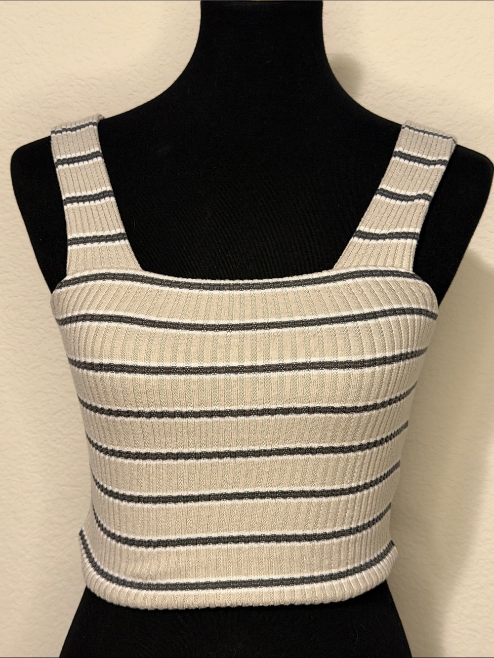American Eagle Striped Ribbed Square-Neck Cropped Tank Top Light Tan/Grey/White